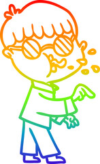 rainbow gradient line drawing cartoon boy wearing spectacles and making point