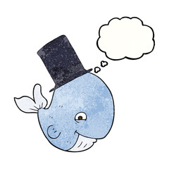 thought bubble textured cartoon whale in top hat