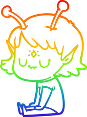 rainbow gradient line drawing cartoon alien girl sitting