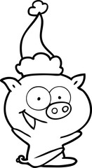 cheerful sitting pig line drawing of a wearing santa hat