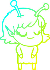 cold gradient line drawing smiling alien girl cartoon