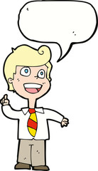 cartoon school boy raising hand with speech bubble