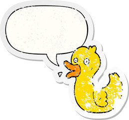 cartoon quacking duck and speech bubble distressed sticker