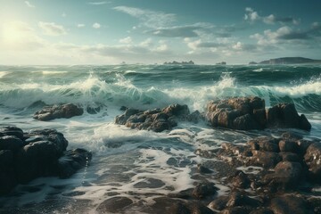 Beautiful ocean with rocks, wave and dramatic sky, with digital concept art. Heroic fantasy painting, strong color. Generative AI - obrazy, fototapety, plakaty