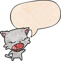cute cartoon cat talking and speech bubble in retro texture style