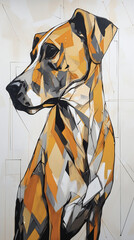 Modern abstract geometric dog sketch in an art gallery, acrylic painting, generative AI
