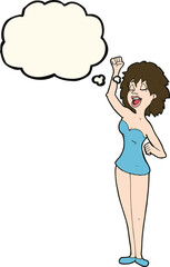 cartoon dancing woman with thought bubble