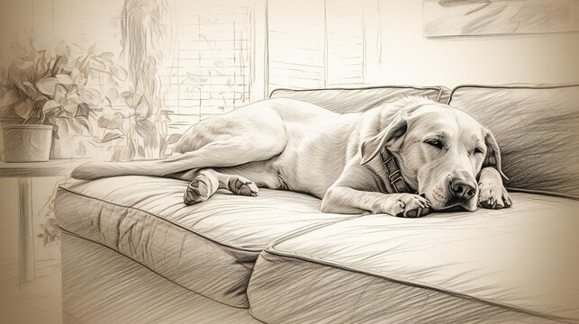 Realistic dog sketch in a cozy living room, generative AI
