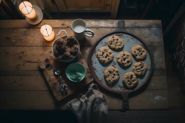 Homemade chocolate chip cookies with on a wooden rustic table. Top view shot. Ai generative.