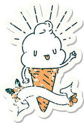 grunge sticker of tattoo style ice cream character waving