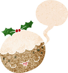 cute cartoon christmas pudding and speech bubble in retro textured style