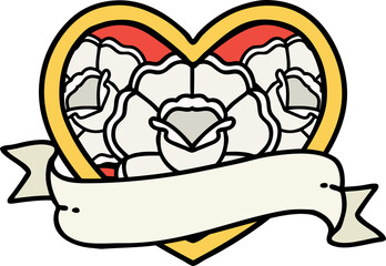 traditional tattoo of a heart and banner with flowers