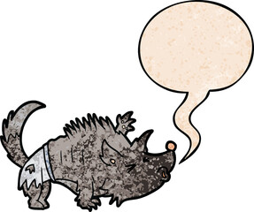 cartoon halloween werewolf and speech bubble in retro texture style