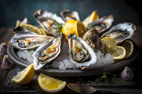 Fresh oysters in a plate with ice and lemon on dark background. Close up shot of oysters. Ai generative.