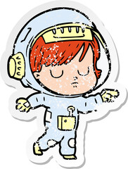 distressed sticker of a cartoon astronaut woman