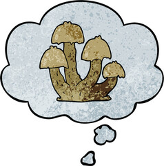 cartoon mushrooms and thought bubble in grunge texture pattern style