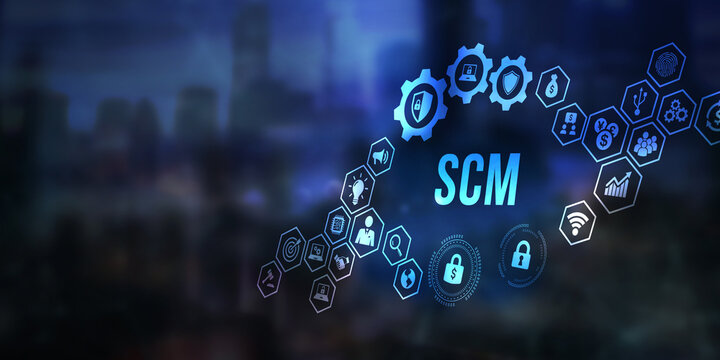 Internet, business, Technology and network concept. SCM - Supply Chain Management.  Supply Chain Management SCM. Aspects of Modern Company Logistics Processes. 3d illustration