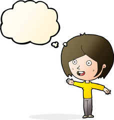 cartoon happy girl waving with thought bubble