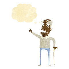 cartoon old man with walking stick with thought bubble