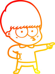 warm gradient line drawing nervous cartoon boy pointing