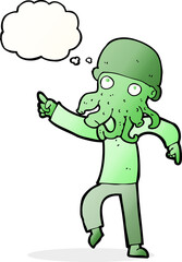 cartoon alien man dancing with thought bubble