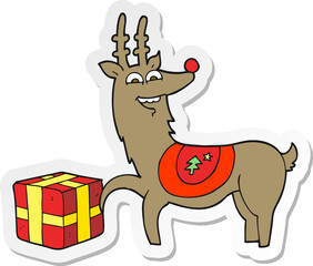 sticker of a cartoon christmas reindeer with present