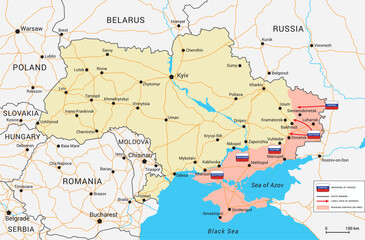 Fototapeta na wymiar Russian invasion of Ukraine map. Vector map with occupied territory, cities and main roads. Status as of April 2023. Full editable map.