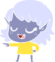 happy flat color style cartoon elf girl pointing