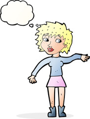 cartoon friendly woman waving with thought bubble