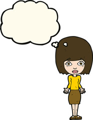 cartoon woman shrugging shoulders with thought bubble