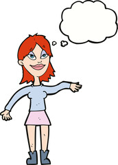 cartoon woman making hand gesture with thought bubble