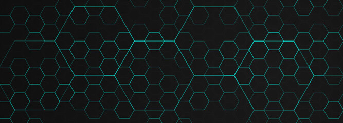 Abstract hexagon geometrical cyber tech metaverse digital web 3 horizontal dark banner template. Geometrical cyan blue neon sci fi design blank - obrazy, fototapety, plakaty