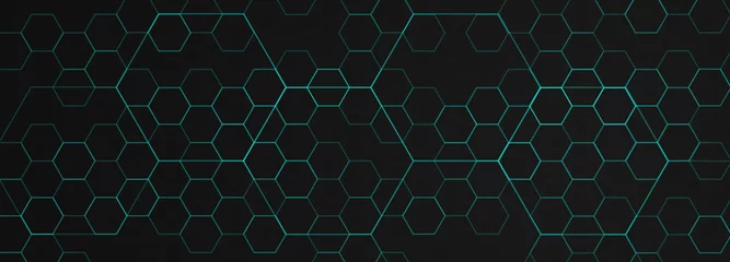 Foto op Plexiglas Abstract hexagon geometrical cyber tech metaverse digital web 3 horizontal dark banner template. Geometrical cyan blue neon sci fi design blank © Oleksiy Oliinyk