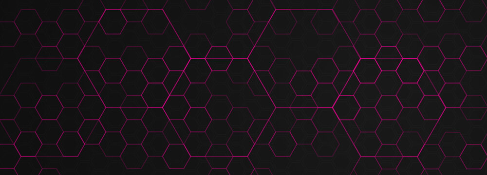 Abstract hexagon geometrical cyber tech metaverse digital web 3 horizontal dark banner template. Geometrical purple violet neon sci fi design blank