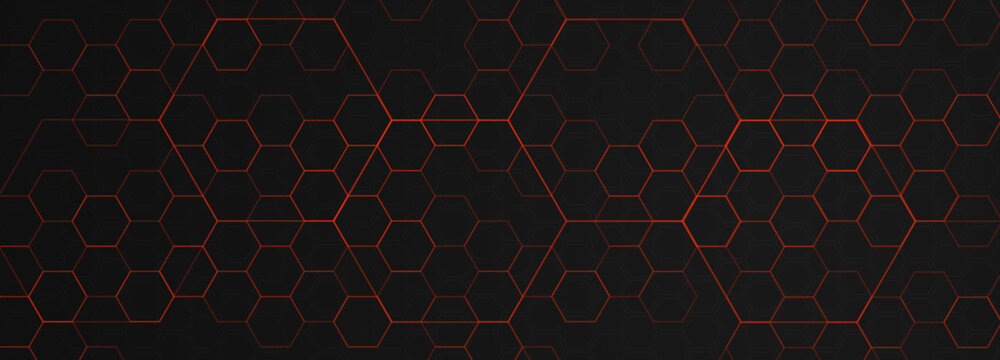 Abstract hexagon geometrical cyber tech metaverse digital web 3 horizontal dark banner template. Geometrical red neon sci fi design blank