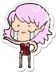 distressed sticker of a cartoon crying elf girl