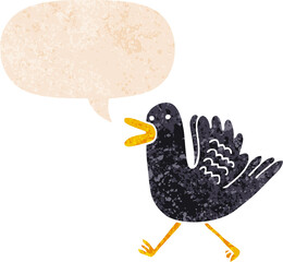 cartoon duck running and speech bubble in retro textured style