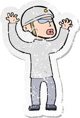 retro distressed sticker of a cartoon security man panicking