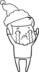 line drawing of a man crying wearing santa hat
