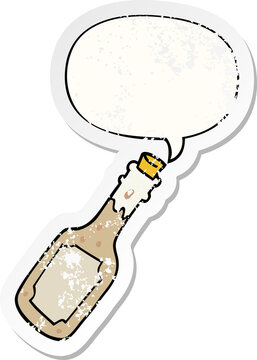 cartoon beer bottle and speech bubble distressed sticker