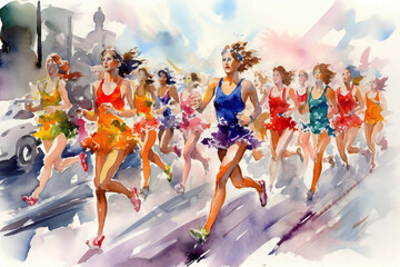 Illustration of Women Runners in a Marathon Watercolor Effect, Generative AI - 593723122