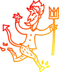 warm gradient line drawing cartoon devil with pitchfork
