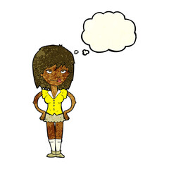 cartoon woman with hands on hips with thought bubble