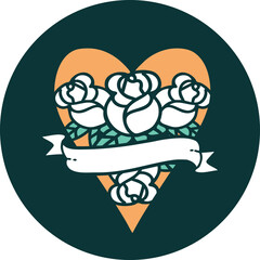 tattoo style icon of a heart and banner with flowers