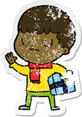 distressed sticker of a cartoon grumpy boy
