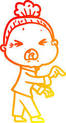 warm gradient line drawing cartoon angry old woman