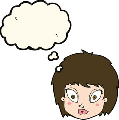 cartoon surprised female face with thought bubble