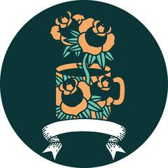 icon with banner of a cup and flowers