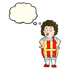 cartoon woman in kitchen apron with thought bubble
