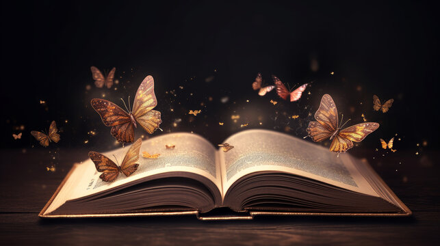 Fairytale mystical open book with butterflies. Al generated
